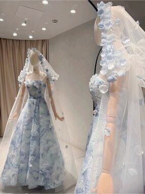 Light Blue 3D Floral Sequin Gown + Matching 3D Petal Veil